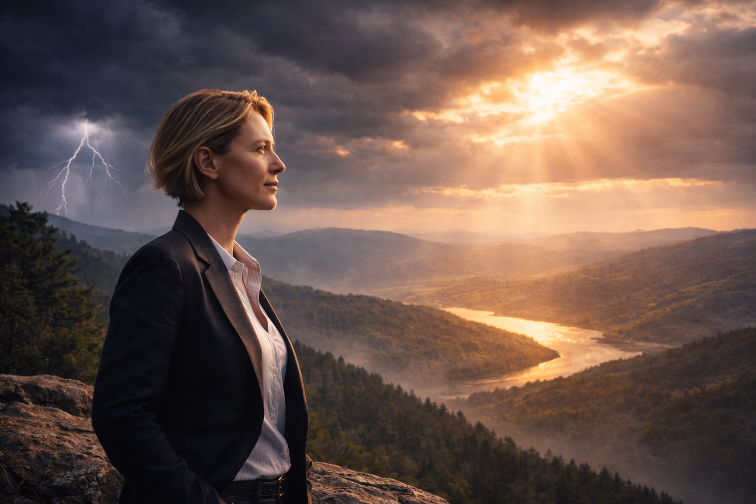 Dirigeante en réflexion face à un paysage naturel contrasté entre orage et éclaircie, symbolisant la prise de décision en période de crise.