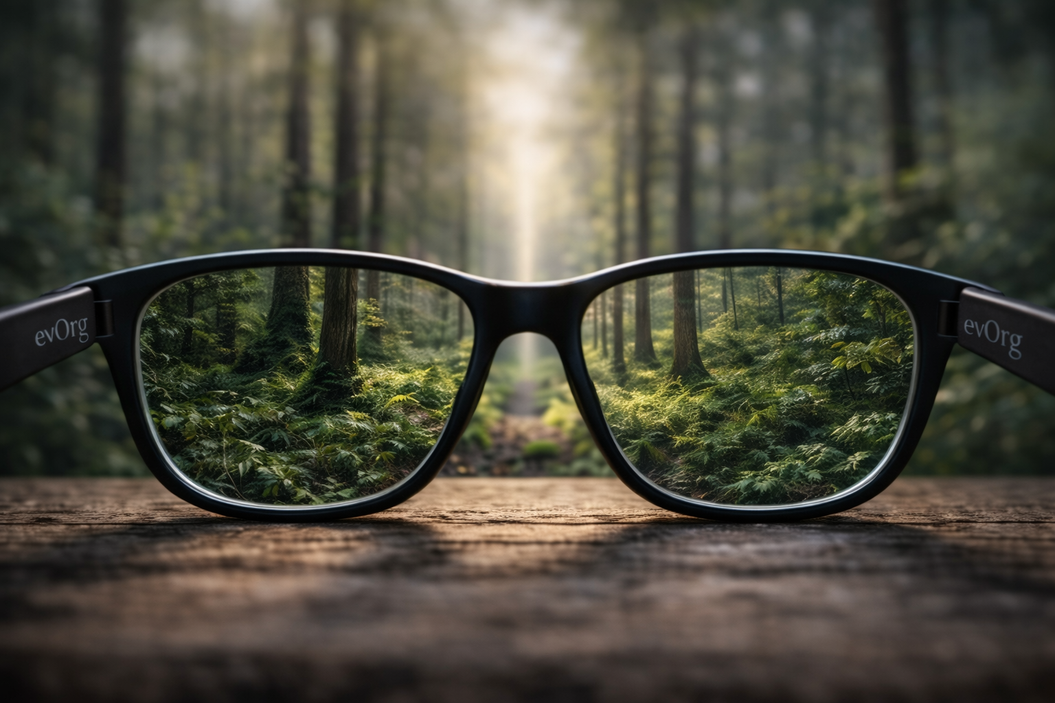Lunettes posées sur une surface en bois en forêt dense ; l’arrière-plan est flou, tandis que la végétation devient nette à travers les verres, illustrant l’audit interne comme outil de lecture claire de la réalité organisationnelle.