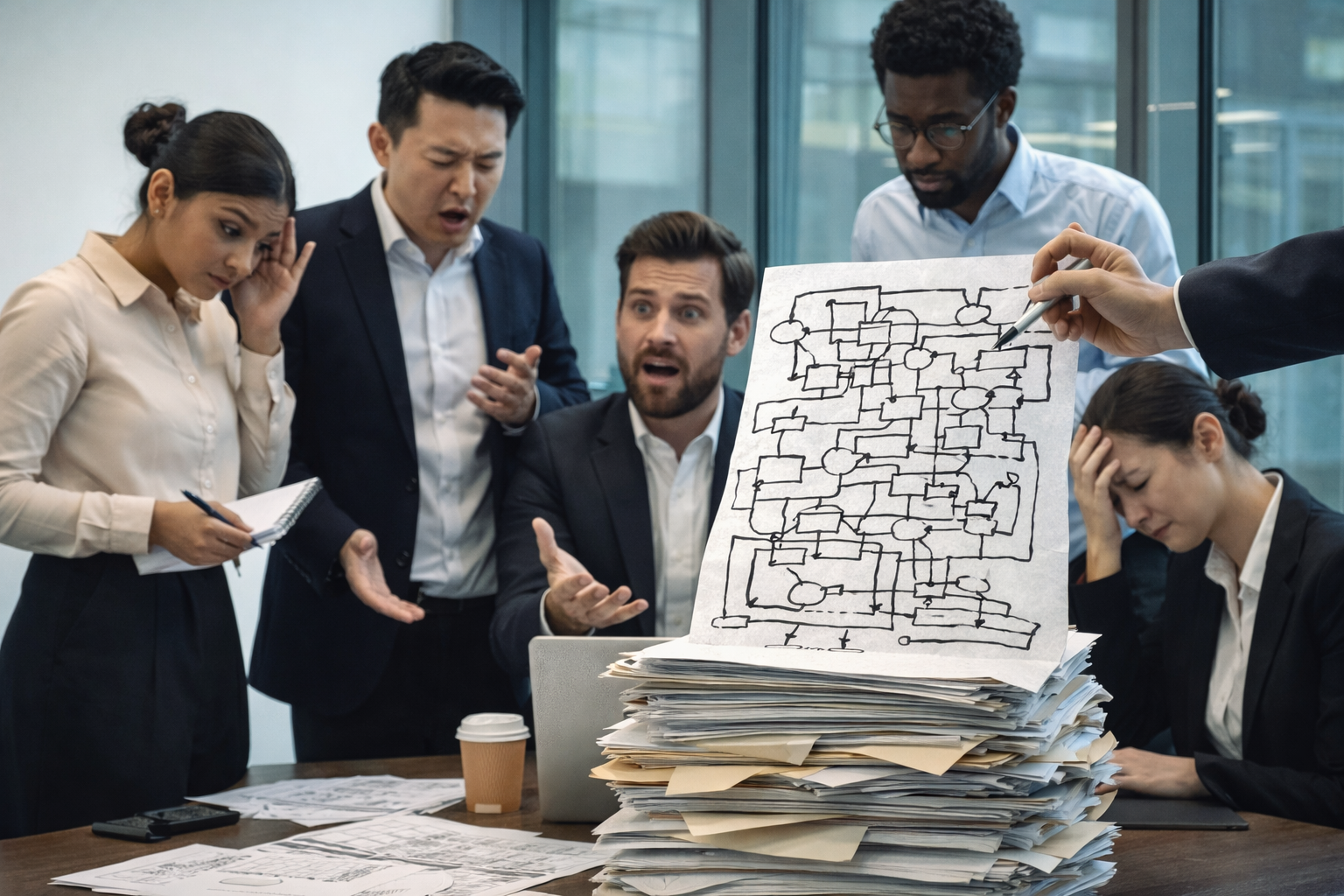 Équipe en réunion face à un processus complexe dessiné sur papier, posé sur une pile de documents désorganisés, montrant confusion, surcharge et difficulté à comprendre le fonctionnement réel de l’organisation.