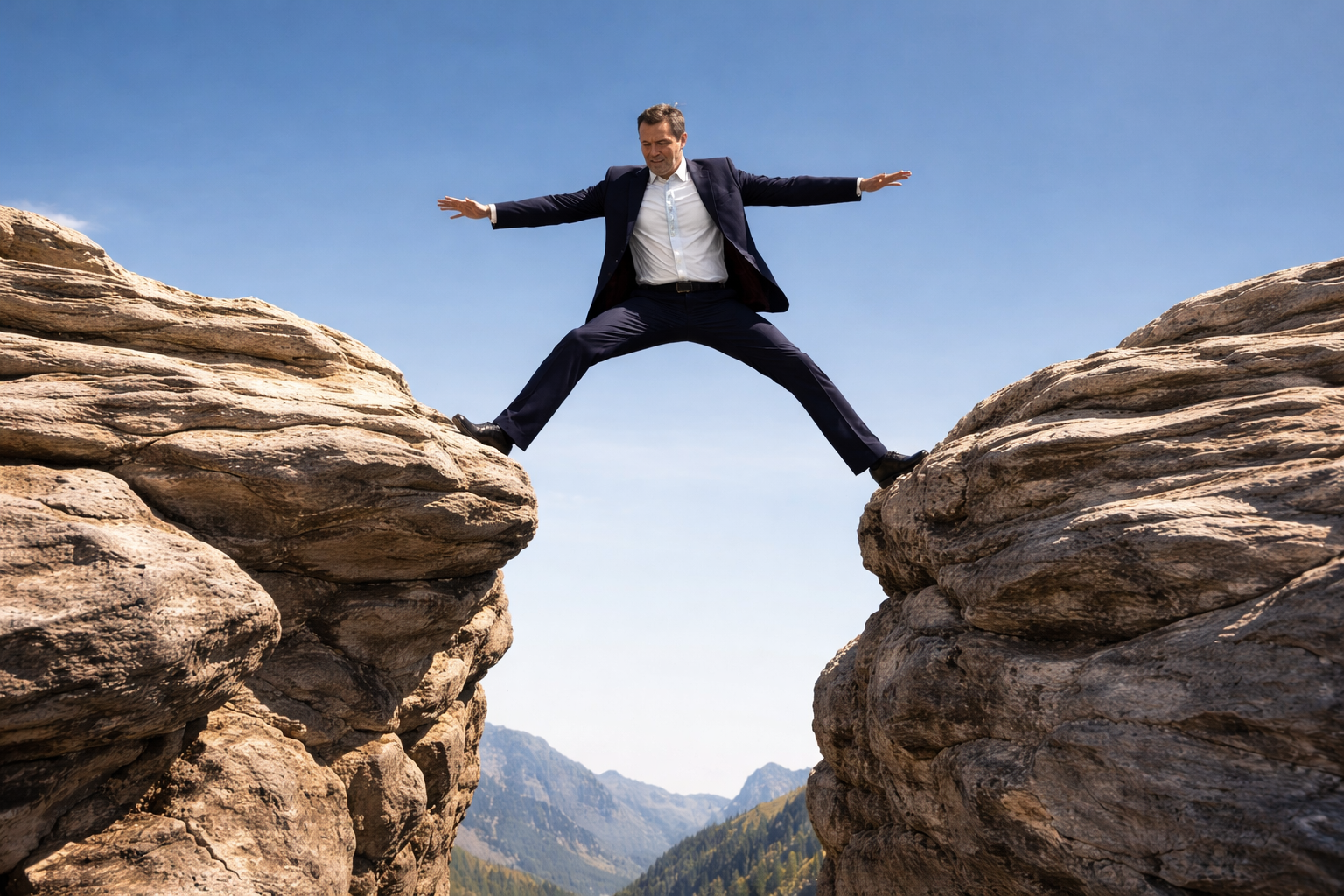 Un responsable qualité en équilibre instable entre deux rochers, illustrant la tension entre exigences normatives et réalité du terrain.