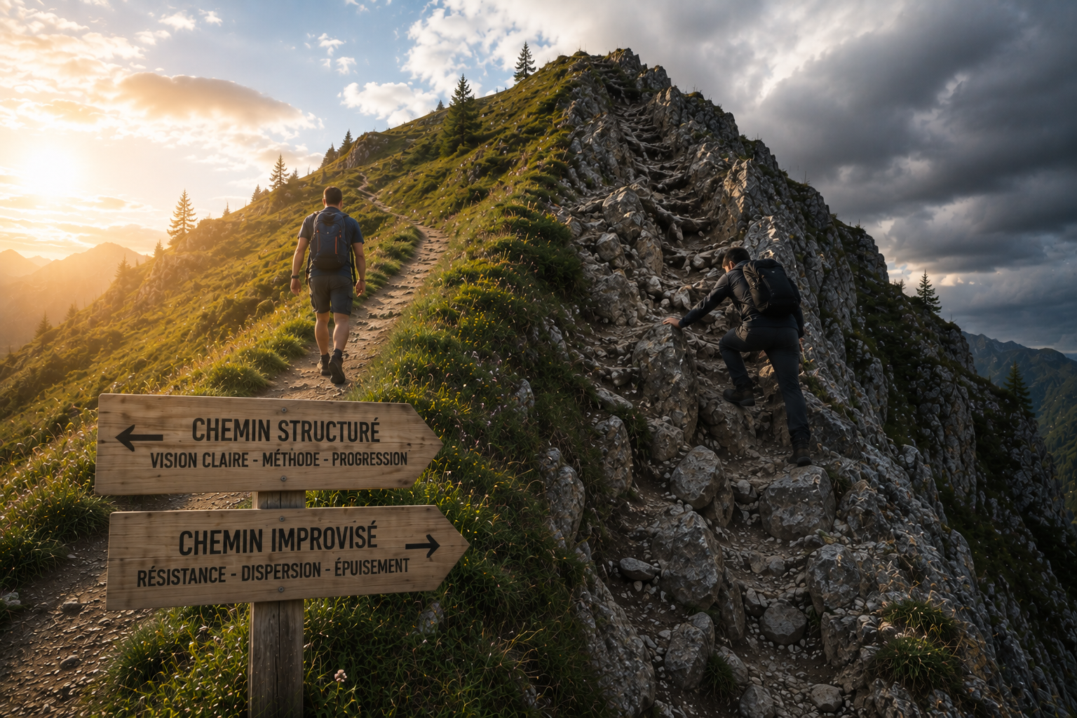 Deux randonneurs empruntent deux chemins vers le même sommet : un sentier structuré et accessible, et un parcours improvisé plus escarpé, illustrant deux approches d’un projet de certification ISO.